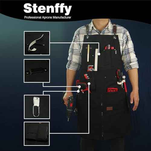 Woodworking Apron, Tool Apron, Canvas, Multiple Pockets, Adjustable Zipper, Metal Ring, Tape Measure Clip, Plus Size, Black.