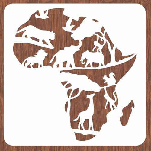 INFUNLY Africa Map Wall Stencil Africa Animals Wall Stencils for Painting 11.8X11.8 inches Reusable Africa Map Tile Stencil with Animals Pattern Elephant Lion Forest Drawing Stencils for Home Decor