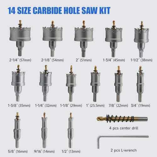 Pro Edge 20pcs Carbide Hole Saw Kit for Hard Metal, TCT 1/2"-2-1/4" Hole Cutter Set for Stainless Steel, Iron, Alloy, Aluminum, with Two Extra Titanium Plated Pilot Center Drill and Two L-Wrench