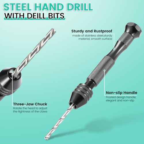 Hand Drill Set for Resin Crafts, Pin Vise Jewelry Making Kit with 10 Drill Bits, 600 Eye Screws, 15 Keychain Rings ? Push Drill Tool for Epoxy, Molds, DIY Projects (Pin Vise Hand Drill Set - 1)