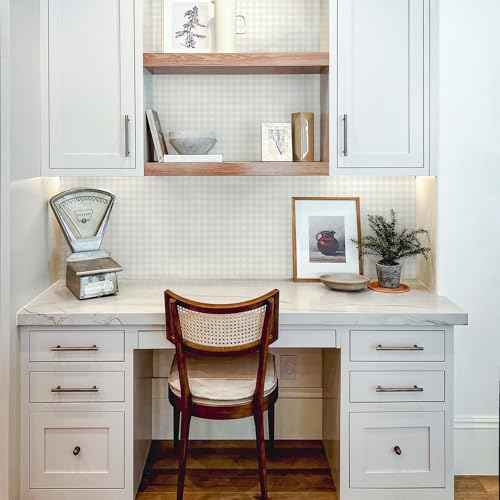 Cohoo Home Plaid Wallpaper Peel and Stick Wallpaper Boho Plaid Contact Paper for Cabinets Drawers Gingham Checkered Neutral Contact Paper Self Adhesive Removable Bathroom Waterproof 17.3inW 78.7inL