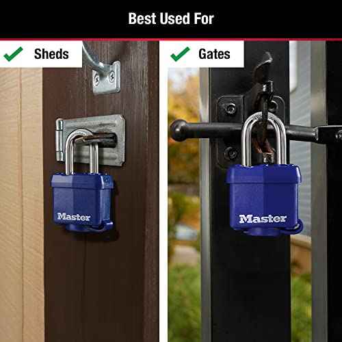 Master Lock 312TRI Laminated Padlock with Key & Thermoplastic Shell, Blue, Pack of 3 Keyed-Alike, 1-9/16-inch