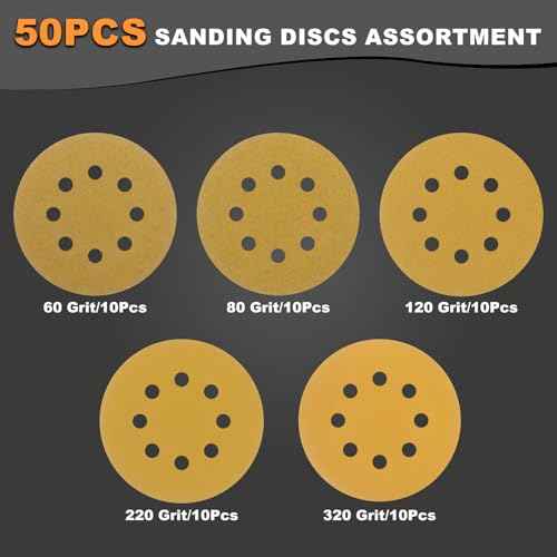 50Pcs 5-Inch Premium Sanding Discs Hook & Loop 8-Hole:60-320 Assorted Grit Round Sandpaper for Random Orbital Sander Woodworking Finishing/Automotive Polishing/Metal Sanding