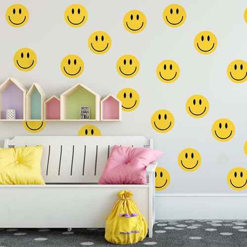 9 Sheets Preppy Smile Wall Stickers Yellow Happy Face PVC Decorative Wall Decals Mural Vinyl Self-Adhesive Wall Decor for Home Classroom Nursery Party Supplies, 7.9 x 11.8 Inch