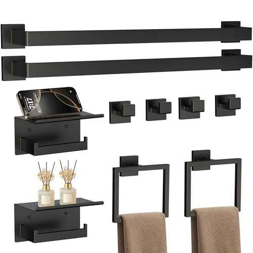 10-Piece 23.6 Inch Matte Black Bathroom Accessories Set, Bathroom Hardware Set, SUS304 Stainless Steel Bath Towel Bar Set, Toilet Paper Holder with Shelf, Towel Hooks, Towel Rings Wall Mounted