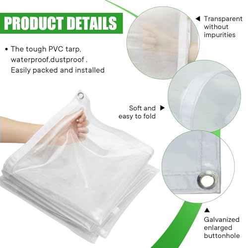 Clear Tarp Heavy Duty Waterproof 10 x 10 FT, 20 Mil Clear Tarps with Grommets, Heavy Duty Clear Vinyl Tarp for Patio Pergola Garden Canopy Rainproof Wind-Proof Anti-Tear (10 x 10FT)