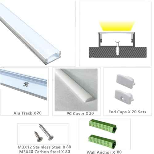 Matte White 20-Pack 3.28FT Pre-Drilled Clip Free LED Strip U Channel Diffuser, Tight and Flush Mounted Under Cabinet Tape Track Aluminum Low Profile with UV Resistance Milky Cover (20)
