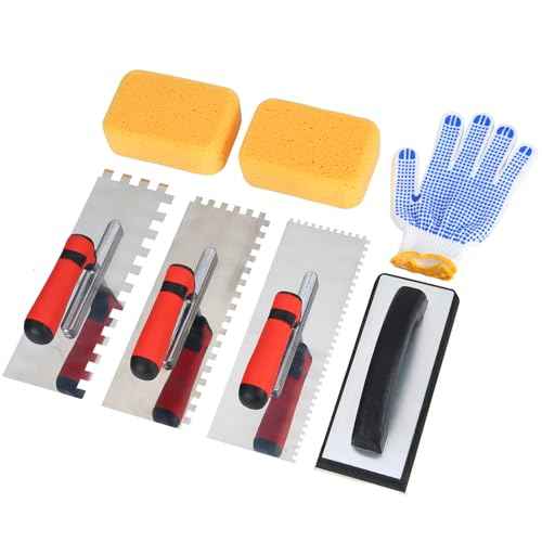 Square Notched Tile Trowel Set, with Rubber Grout Float,Grout Sponge and Work Gloves,Ideal for Masonry Tiling Tools and Flooring Installation
