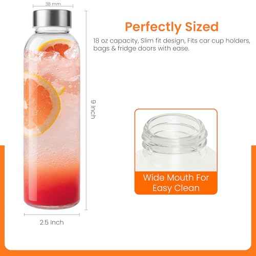Epica Clear Glass Bottles with Lids, 18oz Resuable Glass Water Bottles for Juicing with Stainless Steel Cap to store Milk, Smoothie, etc., 100% Leak Proof, Durable and Dishwasher Safe (Set of 6)
