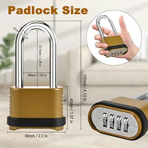 4 Digit Heavy Duty Combination Lock - 105mm Long Shackle Weatherproof Combination Padlock, Outdoor Combo Lock for Storage Units, Gym Lockers, Fence Gates & Shed Doors - Golden (2pcs, Long Shackle)