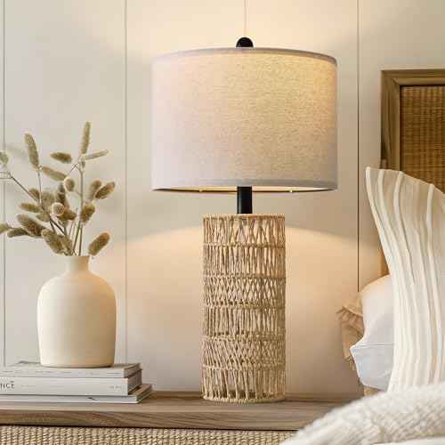 OYEARS 22.5" Boho Table Lamps Set of 2 for Living Room, Bedside Lamp for Nightstands, Rattan Lamp for Bedroom, Farmhouse Table Lamp for Room Decor, End Table, Retro, Brown£¨Not Include Bulbs£©