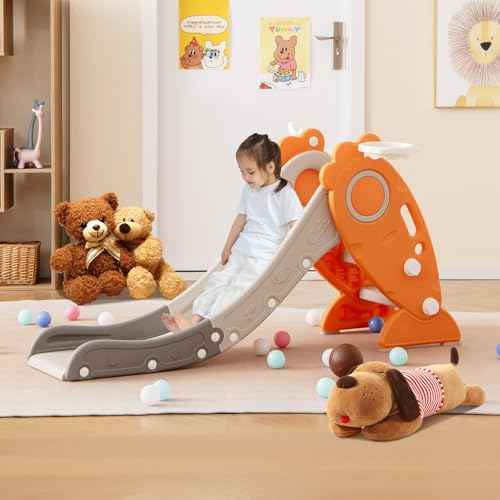 BABY JOY Toddler Slide for Kids, 4 in 1 Indoor Foldable Kids Slide w/Climber, Basketball Hoop & Ring Toss, Folding Climber Playset Baby Freestanding Playground