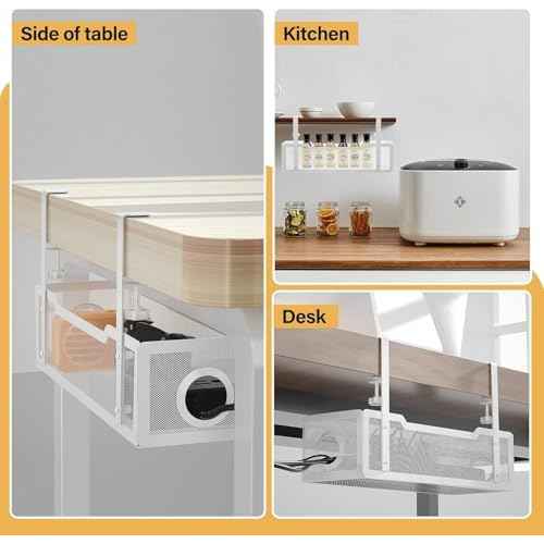 4 Pack Under Desk Cable Management Box White, Cinati 53.6" Wire Organizers No Drill, Cord Organization Tray with Clamp for Office, Home - No Damage to Desk