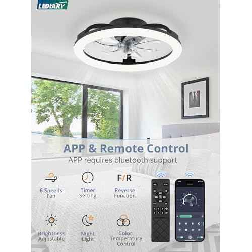 LEDIARY 20 Inch Low Profile Ceiling Fans with Lights and Remote, Dimmable Modern Fan Light(3000K-6000K), 6 Speed, Reversible, APP & Remote Control, Flush Mount Ceiling Fan for Bedroom, Black