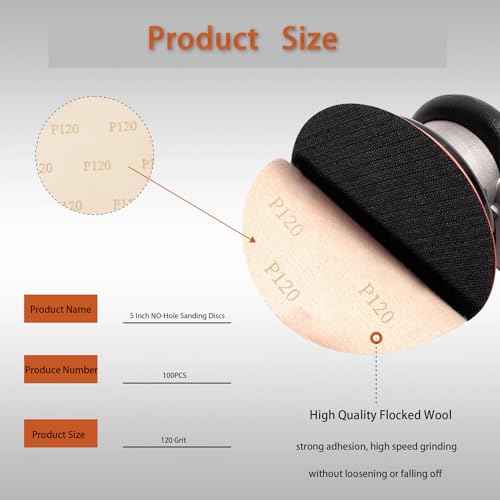 waltyotur 100Pcs Hook and Loop Sanding Discs 5 Inch NO-Hole 120-Grit Sandpaper Sanding Discs Hook and Loop Backing Aluminum Oxide Round Sandpaper for Polishing Accessories