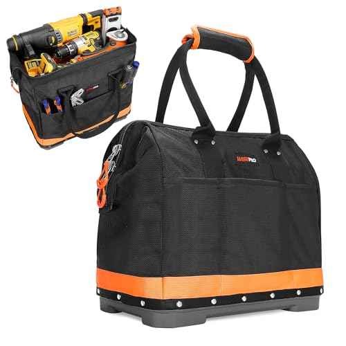 Wide Mouth Tool Bag, 16 Inch Heavy Duty Tool Bag with Waterproof Plastic Bottom, Multiple Purpose for Plumbers, Electricians, Handymen