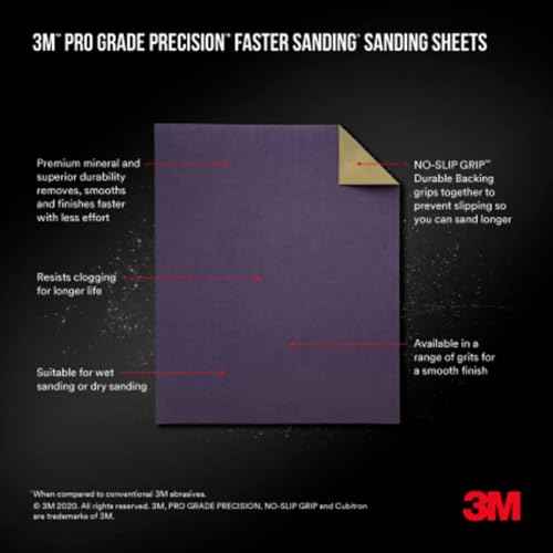 3M 25220P-G Pro Grade No-Slip Grip Advanced Sandpaper, 9-Inch x 11-Inch, 220 Grit, Pack of 3