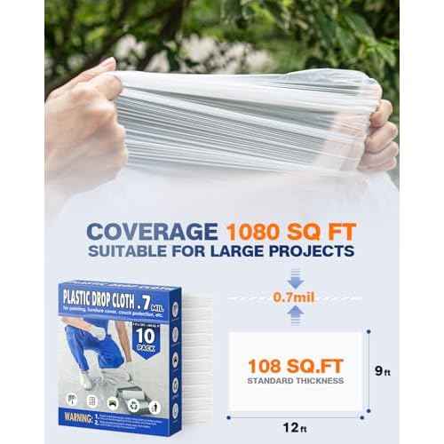 0.7 Mil Plastic Drop Cloths for Painting, 9x12 Ft Extra Large Painting Supplies, Plastic Sheet Dust Cover for Furniture, Floor, Couch Protector (10-Pack)