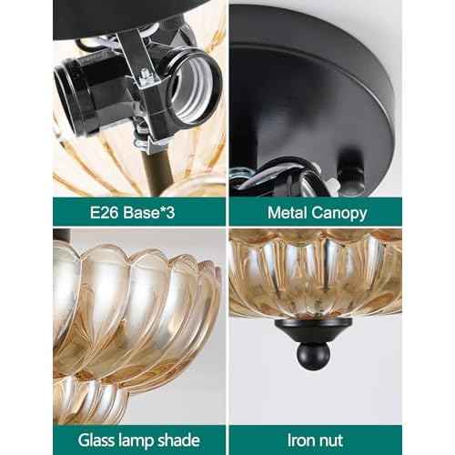 Semi Flush Mount Ceiling Light, Amber Glass Ceiling Light Fixture, 3-Bulb Modern Black Close to Ceiling Light, Vintage Glass Ceiling Lights for Bedroom Kitchen Living Room, Bulb Not Included