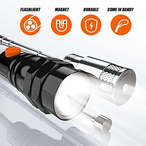 Telescoping Magnetic Pickup Tool Set with 1 & 15 lb Pick Up Sticks, Round and Square 360 Adjustable Inspection Mirror and Flexible LED Flashlight, Birthday Gifts for Men, Dad