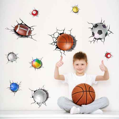 Supzone 3D Broken Sport Wall Decals Basketball Football Baseball Soccer Wall Sticker Removable Sports Break Through The Wall Artwork Decor for Kids Boys Bedroom Living Room Baby Nursery Playroom