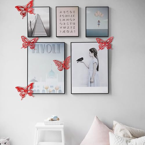 72Pcs 3D Butterfly Wall Decor - 3 Sizes, 3 Styles - Removable Butterfly Wall Stickers for Kids Nursery, Wedding, Bedroom & Room Decor (Red)