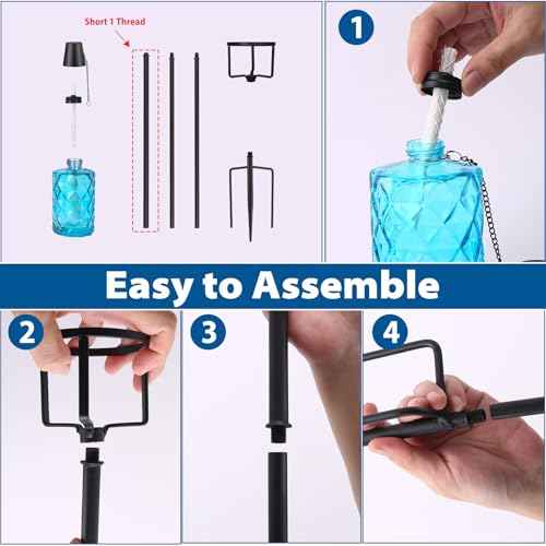 4 Pack Blue Glass Garden Torch 12 oz Outdoor Torch Garden D?cor,60-Inch Upgraded Citronella Torches with 3-Prong Grounded Stake for Party Patio Pathway