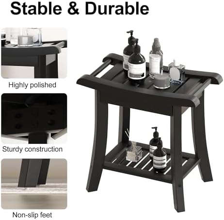 Bamboo Shower Bench Stool with Storage Shelf Small Shower Chair Seat for Inside Shower 19 x 10 x 18 Inches Black