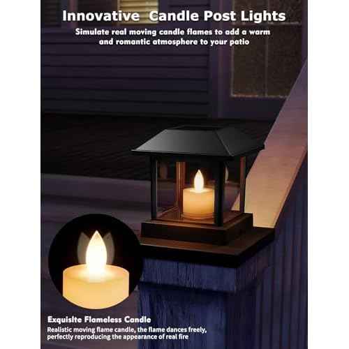 4 Pack Solar Post Lights Outdoor with 3D Flickering Candle Wick, Solar Post Cap Lights IP67 Waterproof, Warm LED Lighting Decor for Fence Deck Mailbox Yard Porch, Fit 4x4, 5x5 or 6x6 Vinyl/Wooden Post