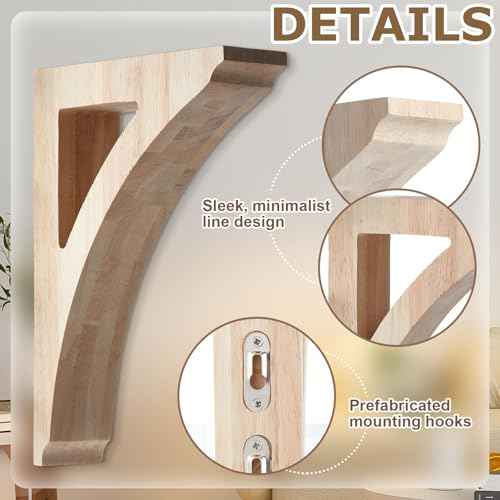 4 Pcs 1 3/4" W x 8 1/2" D x 12" H Traditional Wood Corbels Wooden Shelf Brackets Unfinished Paintable Solid Wooden Bracket for Doorway Countertops Home Shelves Cabinet Furniture Support