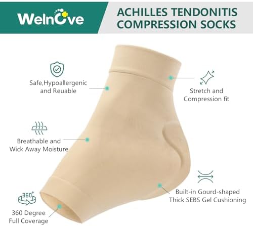 Welnove Achilles Tendonitis Heel Protector Socks - 4 Pcs Achilles Tendon Support Compression Socks - Gel Padded Sleeve for Cushion & Protection of Bursitis, Tenderness, Dry Cracked (Beige,Larger)