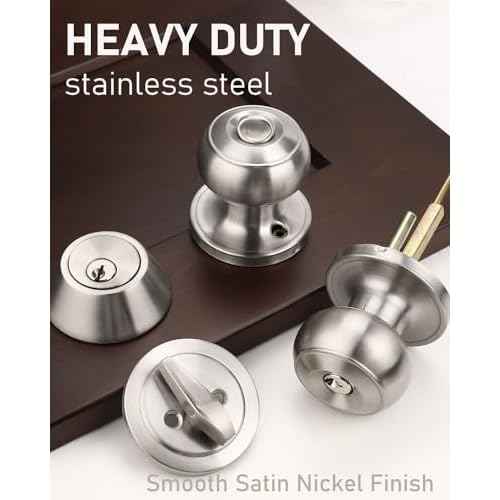 3 Pack Keyed Alike Front Door Knob and Deadbolt Set, Entry Door Locksets with Single Cylinder Deadbolt, Satin Nickel Flat Round Door Lock Set for Bedroom/Office/Exterior Doors