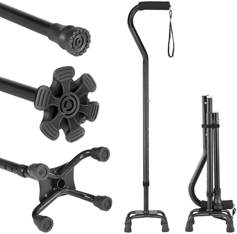 Adjustable Walking Cane for Women ï¼ Men with 4-Pronged Base for Extra Stability, Foam Padded Offset Handle for Soft Grip, Foldable Cane for Seniors for Stability with 3 Different Cane Tips