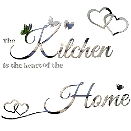 Kitchen Wall Stickers Kitchen The Heart of The Home 3D Acrylic Mirror Wall Decal Removable Quotes Sign Butterfly Heart Saying Decals DIY Art Decoration for Home Dining Room