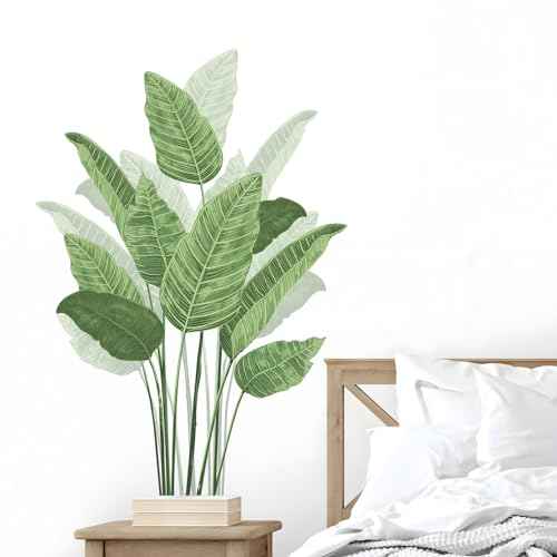 Tropical Plant Leaves Wall Decals, Boho Spring Summer Green Palm Leaf Bird of Paradise Wall Stickers Poster Art Murals Decor for Adult Nursery Classroom Living Room Office Bedroom Gifts for Mom