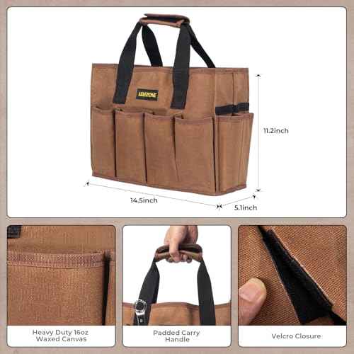 Tool Bag 16 oz. Waxed Canvas Tool Bag Large Capacity Tool Storage Tote comes with a Main Compartment and 12 Exterior Pockets for Wrenches, Scissors, Hammers or a set of Garden Tools and More - Khaki