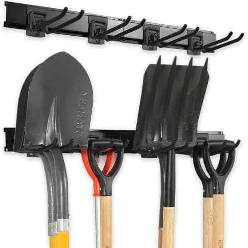 Garage Organization Wall Mount, 32inch Garden Tool Organizer With 6 Clamping Hooks, Heavy Duty, Garage Hanging Storage Rack For Yard Tools, Shovel, Shed, Hold Up to 300lbs (32Inch Black)
