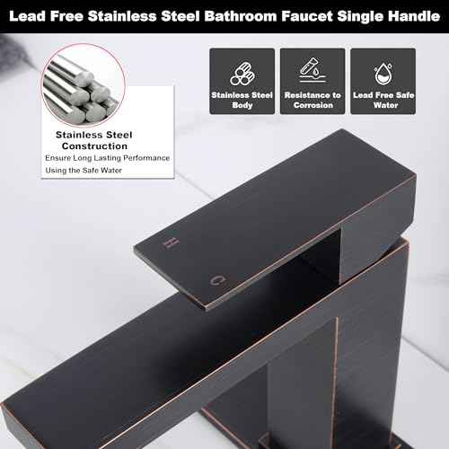 Oil Rubbed Bronze Bathroom Faucet 1 Hole, Stainless Steel Single Hole Bathroom Sink Faucet with Pop Up Drain, Bronze Lavatory Sink Faucet AML-1141-ORB