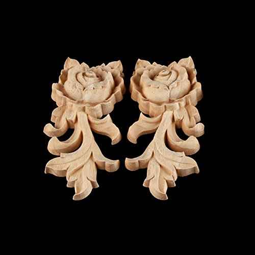 MUXSAM Rose Wood Carved Appliques Onlay, 2-Pack Unpainted Wooden Mini Decals for Cupboard Cabinet Wall Dresser Bed Mirror Mantels Fireplace Wardrobe Decor(15x6.5cm/5.91x2.56in)