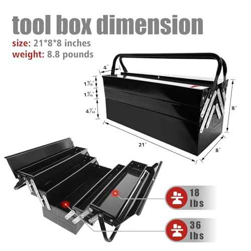 Metal Cantilever Tool Box, 21" Fold Out Steel Tool Box with Handle 3-Tier 5 Tray, Portable Metal Tool Storage Box Organizers for Home Studio Auto Repair Factory