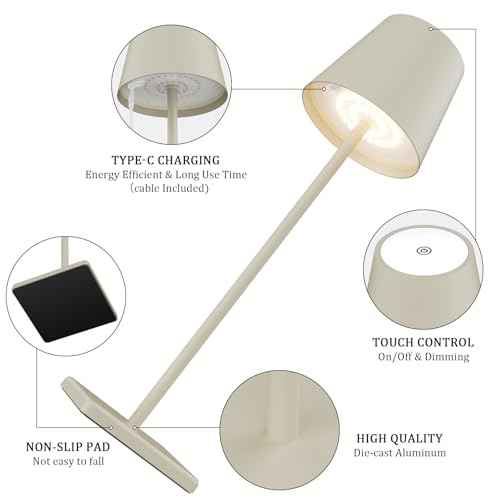 2-Pack LED Cordless Table Lamp, Rechargeable Battery Desk lamp 3W 5500mAh Battery Operated Stepless Dimming Modern Portable Table Light for Restaurant/Bedroom/Outdoor IP54 Waterproof (Off White)