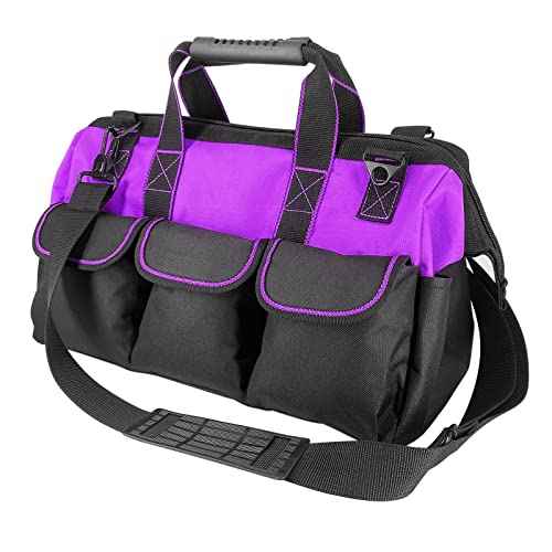 Garden Tools Bag 16 inch Wide Mouth Tool Bag with Molded Base Tool Tote for Women, Heavy Duty,600D polyester fabric (Purple color)