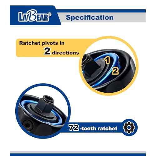 LABEAR- 3/8" Drive Gimbal Ratchet with 1/4" bit holder, Palm Ratchet Handle, 72 Tooth
