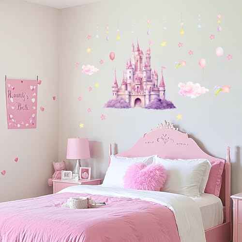2 Sheets Princess Wall Decals, Pink Purple Princess Wall Stickers for Girls Room Large Peel and Stick Castle Mural Art Fairy Tale Stars Clouds Removable Wallpaper for Kids Nursery Bedroom