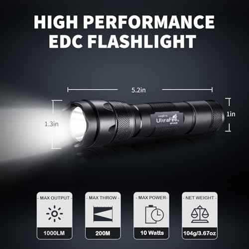 ULTRAFIRE Tactical Flashlight with Holster, 1000 Lumens Single Mode LED Flashlight with Duty Belt Holster, Bright Small EDC Flashlight with Flashlight Carry Case Pouch, WF-502B (Battery Not Included)