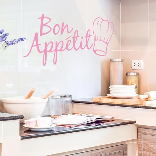 Pink Bon Appetit Kitchen Wall Sticker, Removable Vinyl Decal, Heart Shape, Classic Style, 23.6in x 11.8in