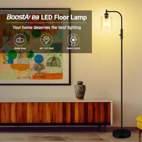 BoostArea Dimmable Standing Lamp with Seeded Glass Lampshade, 6W LED Bulb Included, Modern Industrial Lamp for Living Room, Bedroom, Office