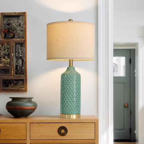 G-SAFAVA24.25 Modern Ceramic Green Table Lamps Set of 2 for Living Room, Farmhouse, Bedside, Bedroom, Side & End Tables Nightstand Light Home Office Desk Lamps Gifts
