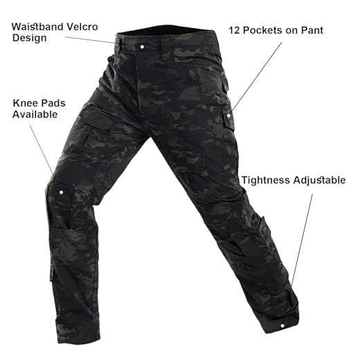 Tactical Suit,Combat Pants and Shirt,Cap Gloves Balaclava Set,Black Camo Uniform Men's Military Airsoft Gear