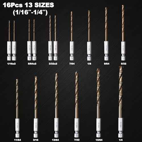 1/4 Hex Shank Cobalt Drill Bit Set 16Pcs 1/16"-1/4", M35 HSS Impact Driver Drill Bits for Metal and Hardened Steel, with Indexed Storage Case